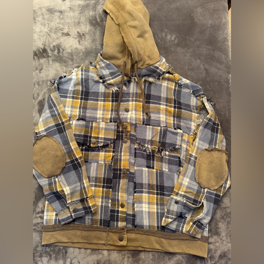 NWOT POL Blue and Mustard Plaid Flannel Shacket with attached Hood
